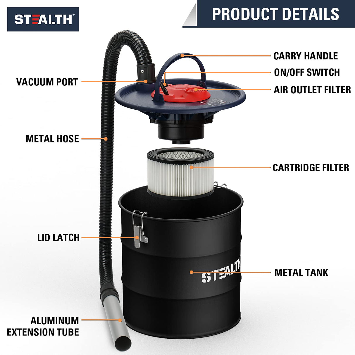 Stealth 4.8 Gallon Ash Vacuum, Portable Ash Vac with Powerful Suction for Fireplaces, Wood Burning Stoves, Bonfire Pits, Pellet Stoves, Model: EMV05S Stealth