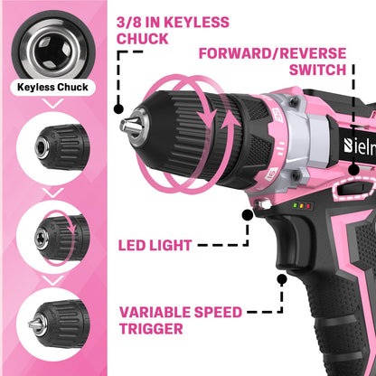 Bielmeier 20V Pink Cordless Drill Set with Lithium-Ion,Charger,3/8 inches Keyless Chuck.Drill Pink with Variable Speed,LED Work Light,29pcs Drill - WoodArtSupply