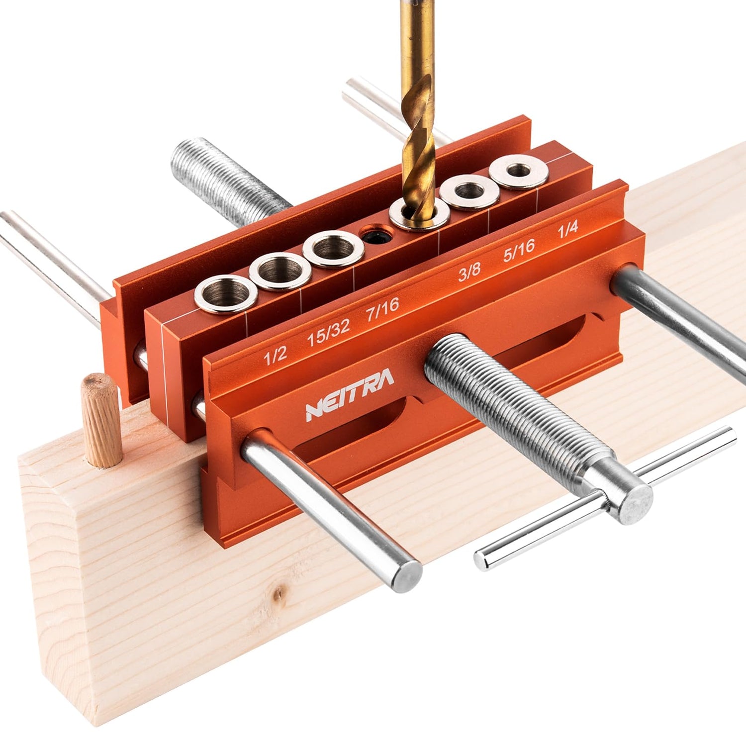 Neitra Self Centering Doweling Jig - 6 Drill Guides for Straight Holes, Adjustable Width Up to 6.75", All Metal Drilling Hole Kit for Wood Dowel Jig, Neitra