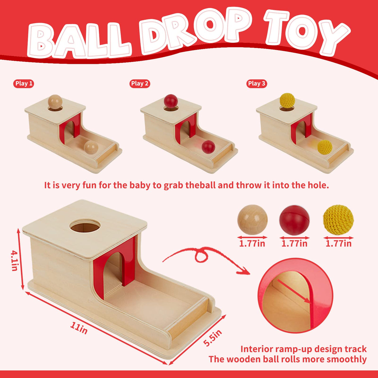 Adena Montessori Full Size Object Permanence Box with Tray Three Balls (Wood, Plastic,Knitted), Montessori Toys for Babies Infant 6-12 Month 1 Year Adena Montessori