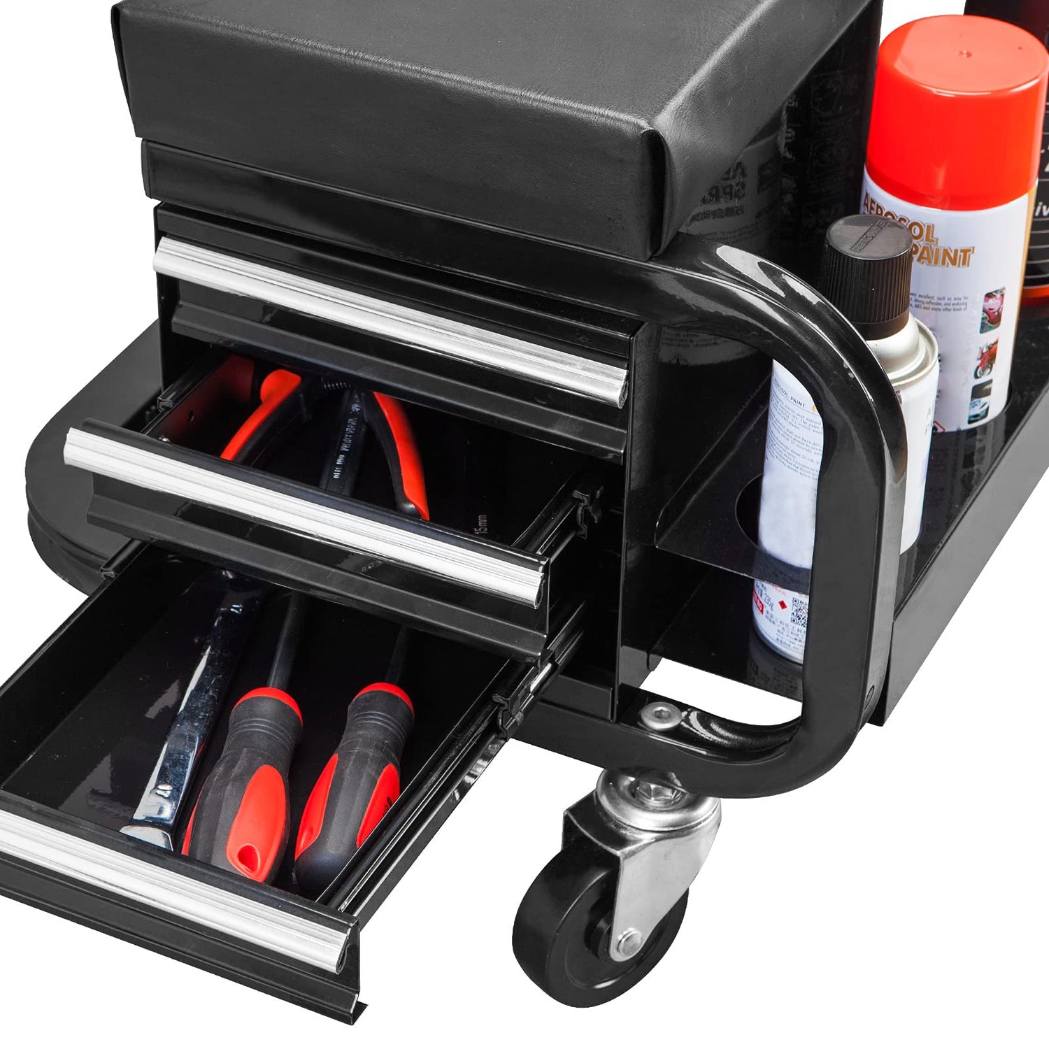 Torin APD2016AB Rolling Tool Chest/Tool Box with 3 Drawers and Wheels, Padded Mechanic Stool Creeper Seat, Black Torin