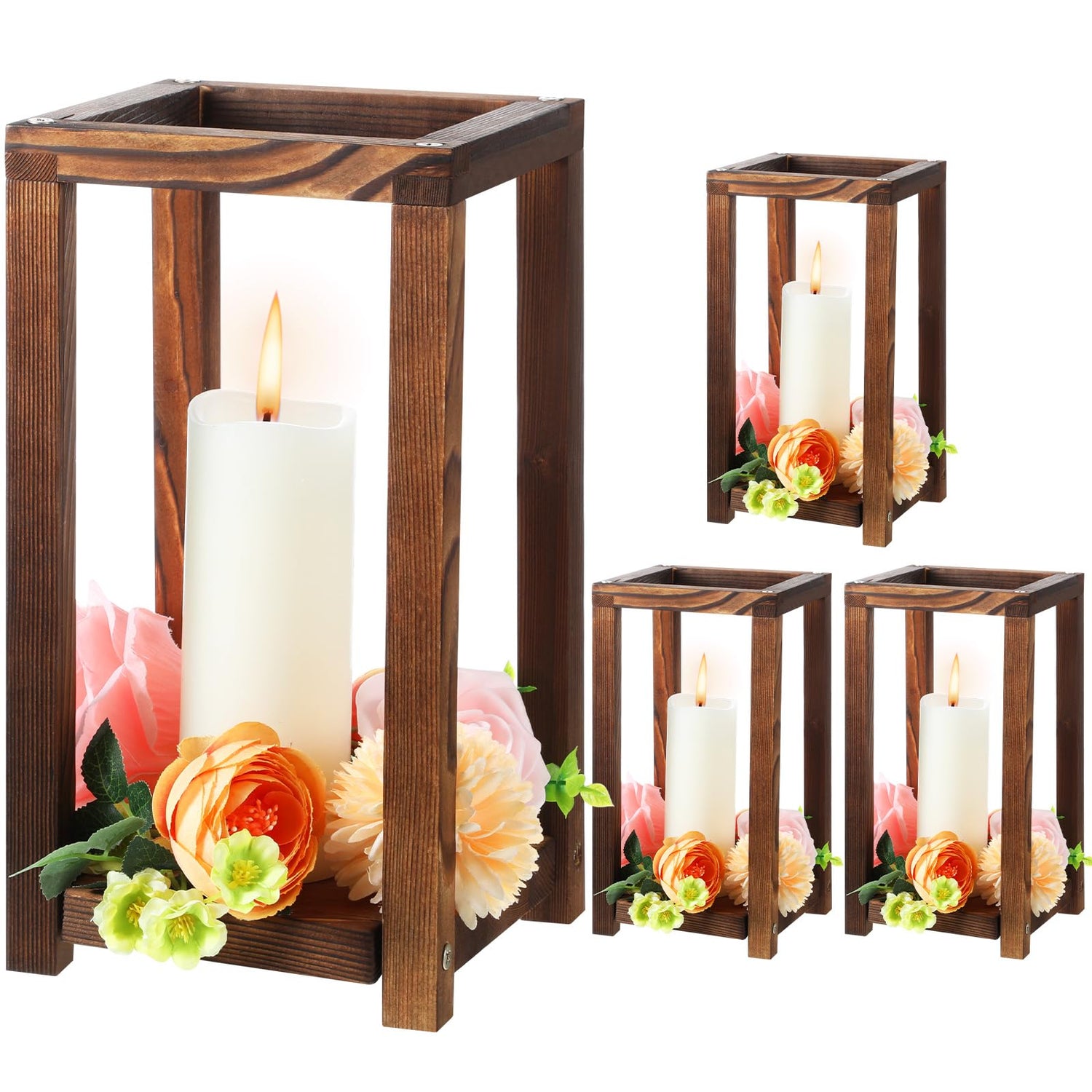 Geetery 4 Pcs Decorative Wedding Wood Lantern Candle Holders for Table Centerpiece Rustic Wooden Wedding Table Decoration Country Barn Farmhouse Geetery