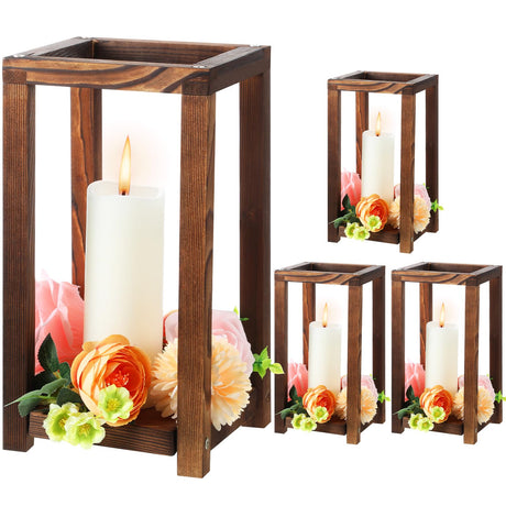 Geetery 4 Pcs Decorative Wedding Wood Lantern Candle Holders for Table Centerpiece Rustic Wooden Wedding Table Decoration Country Barn Farmhouse Geetery