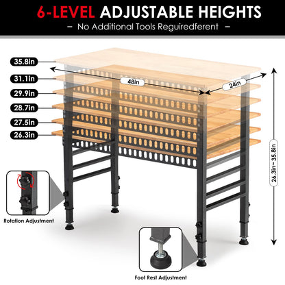 OLBRUS 48 "Adjustable Workbench with Power Outlet, Heavy Duty 2000 LBS Load Capacity Hardwood Workbench Suitable for Workshop, Office, Garage, Home - WoodArtSupply