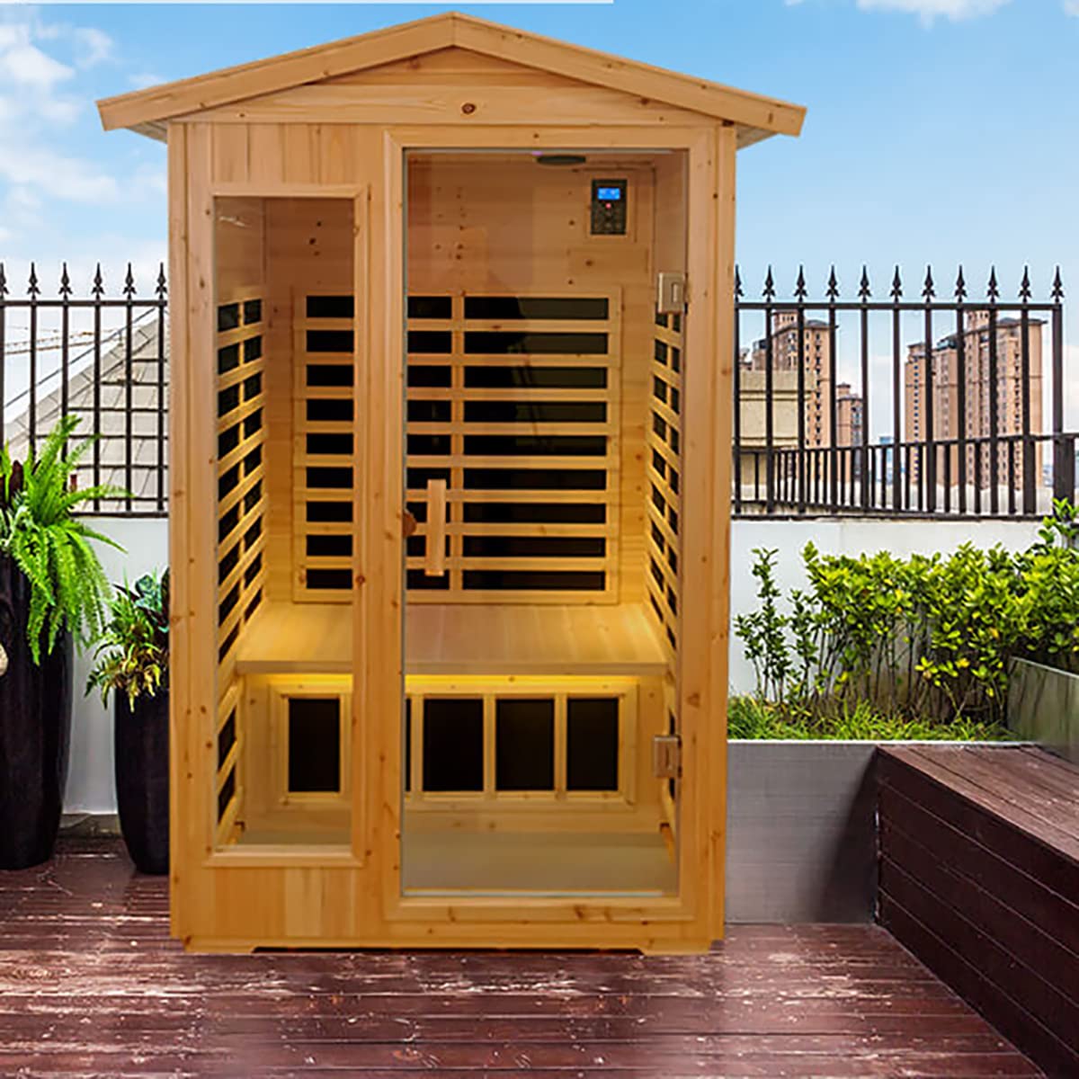 Xmatch Far Infrared Wooden Outdoor Sauna, 2-Person Size 1750W, 9 Low EMF Heaters, 10 Minutes Pre-Warm up, Time and Temp Pre-Set, 2 Bluetooth