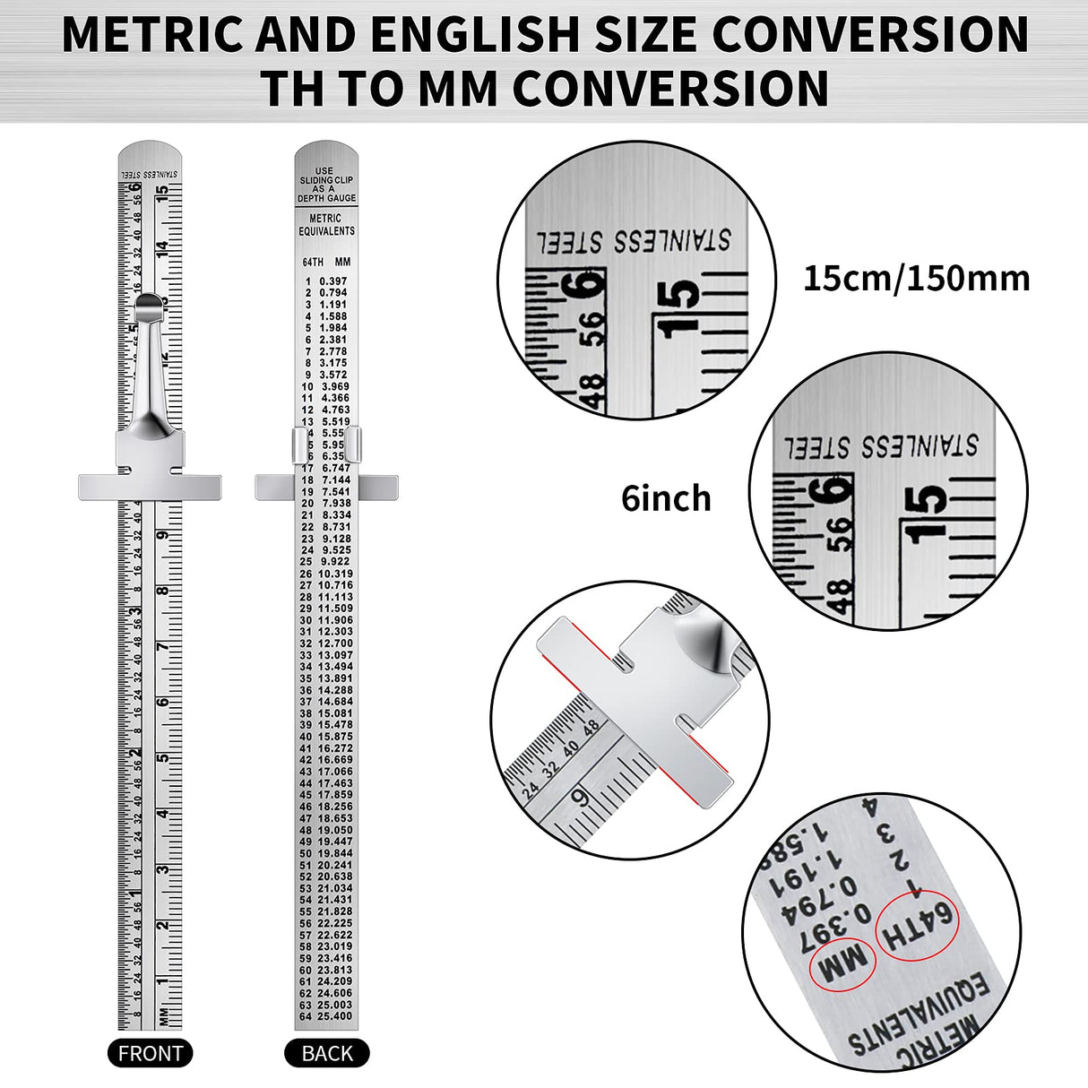 6 Inch 15 cm Pocket Ruler Flexible Precision Stainless Steel Ruler with Detachable Clips Stainless Steel Pocket Clip Scale Gauge Ruler Metric British Frienda