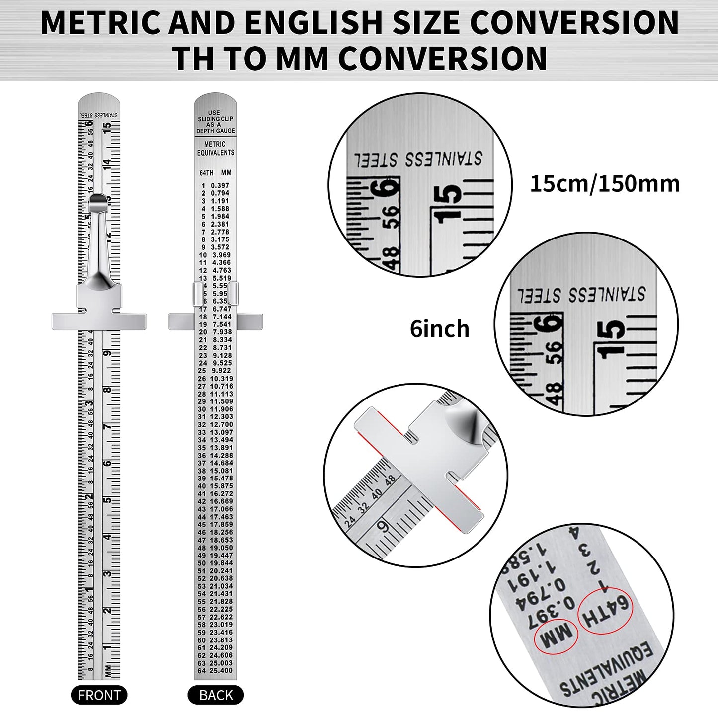 6 Inch 15 cm Pocket Ruler Flexible Precision Stainless Steel Ruler with Detachable Clips Stainless Steel Pocket Clip Scale Gauge Ruler Metric British - WoodArtSupply