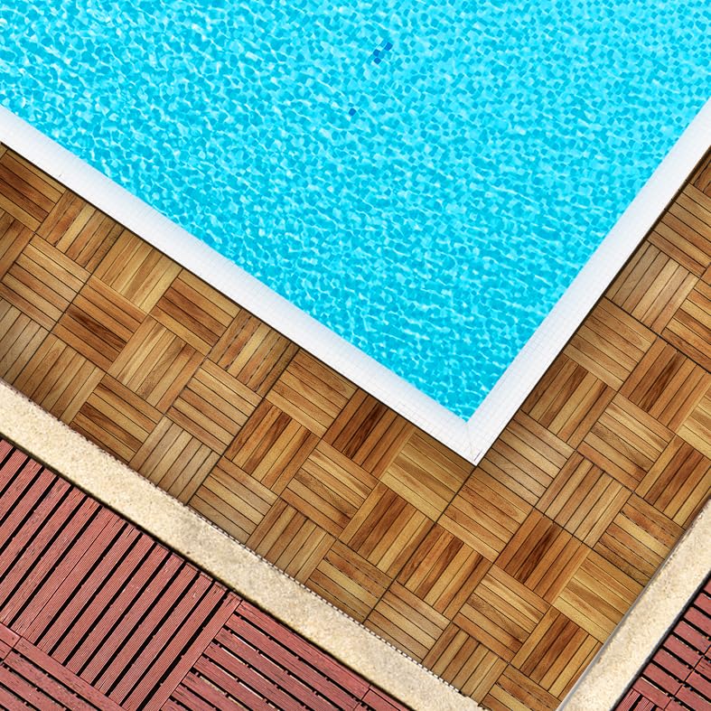 Interlocking Patio Deck Tile (Pack of 10, 12"x12") Acacia Hardwood Deck Tile in Solid Acacia Wooden Oiled Finish Waterproof All Weather Perfect for