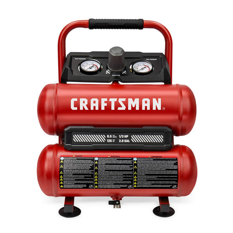 CRAFTSMAN Air Compressor Portable Air Tool Twin Tank 2Gallon, 1/3 HP Oil-Free Max 125 PSI Pressure, Model: CMXECXA0220242, Red Craftsman