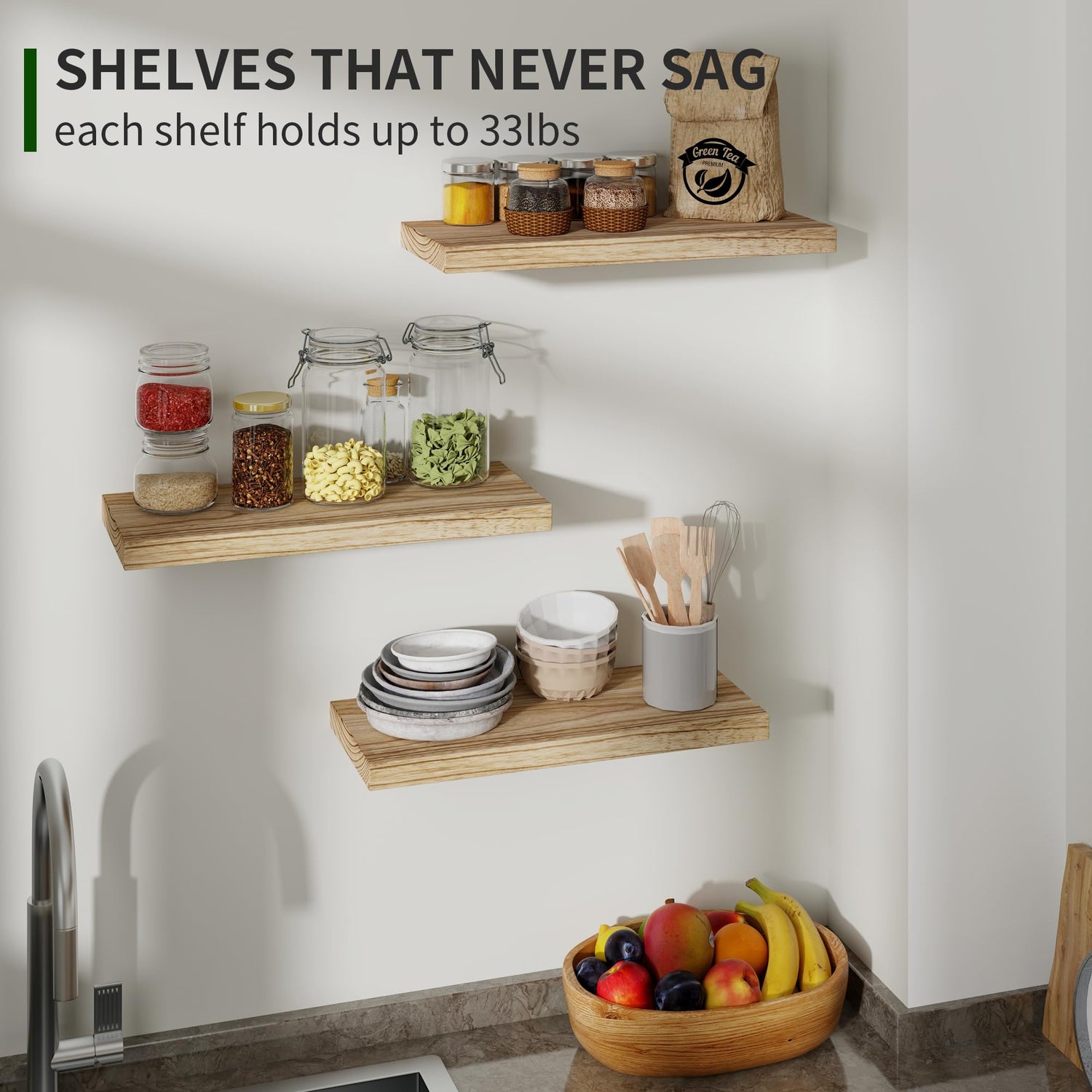 Floating Shelves, 17 Inch Wall Shelf Set of 3, Rustic Wood Shelves for Wall Storage, Wall Mounted Wooden Display Shelf for Bedroom Kitchen, Marsmiles