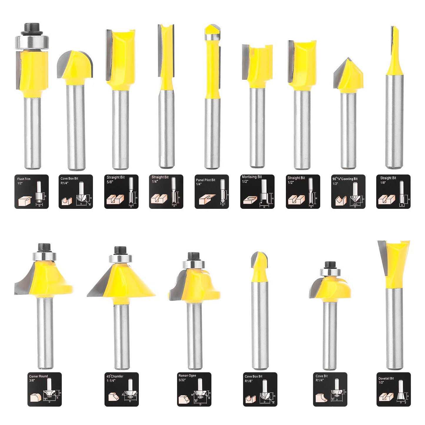 KOWOOD Router Bits Set of 15 Pieces 1/4 Inch Woodwork Tools for Beginners - WoodArtSupply