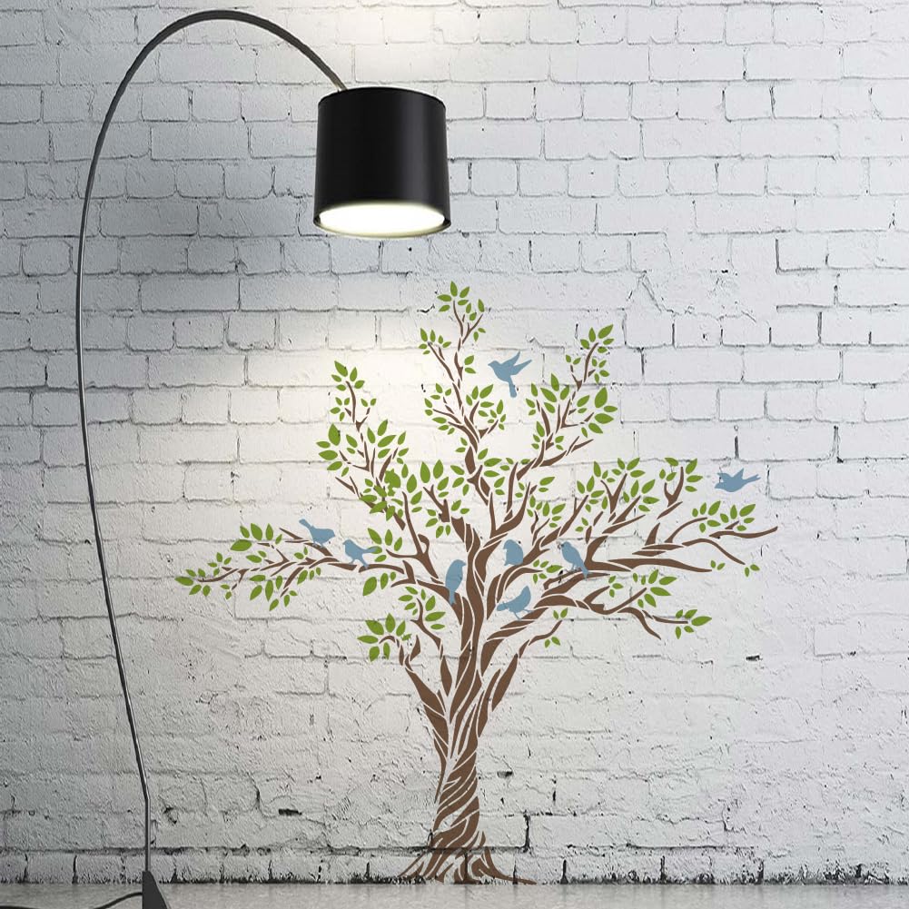 MAYJOYDIY 3pcs Large Tree Bird Branch Stencils 30.8×30.8inch Splice Size Bird On Tree Branch Template with Paint Brush 11.8×11.8inch Stencil Size for MAYJOYDIY