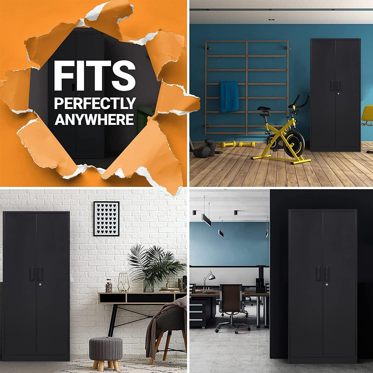 Fesbos Metal Storage Cabinet-71” Tall Steel File Cabinets with Lockable Doors and Adjustable Shelves-Black Steel Storage Cabinet for Home, School, Fesbos