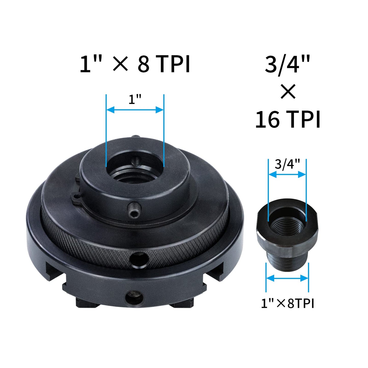 DEEFIINE 4 Inch Wood Lathe Chuck Set 1" x 8 tpi & 3/4"x16TPI Adapter, Self Centering 4 Jaw Wood Turning Chuck