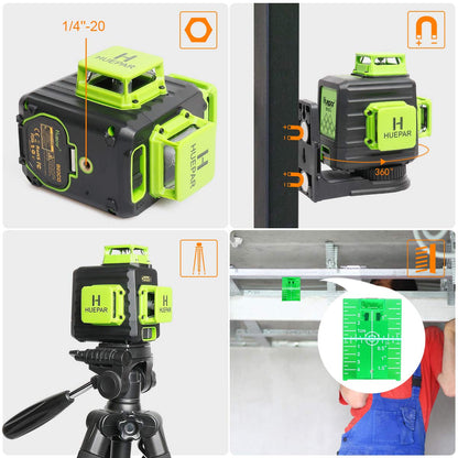 Huepar 3D Cross Line Self-leveling Laser Level, 3 x 360 Green Beam Three-Plane Leveling and Alignment Laser Tool, Hard Carry Case Included - B03CG - WoodArtSupply