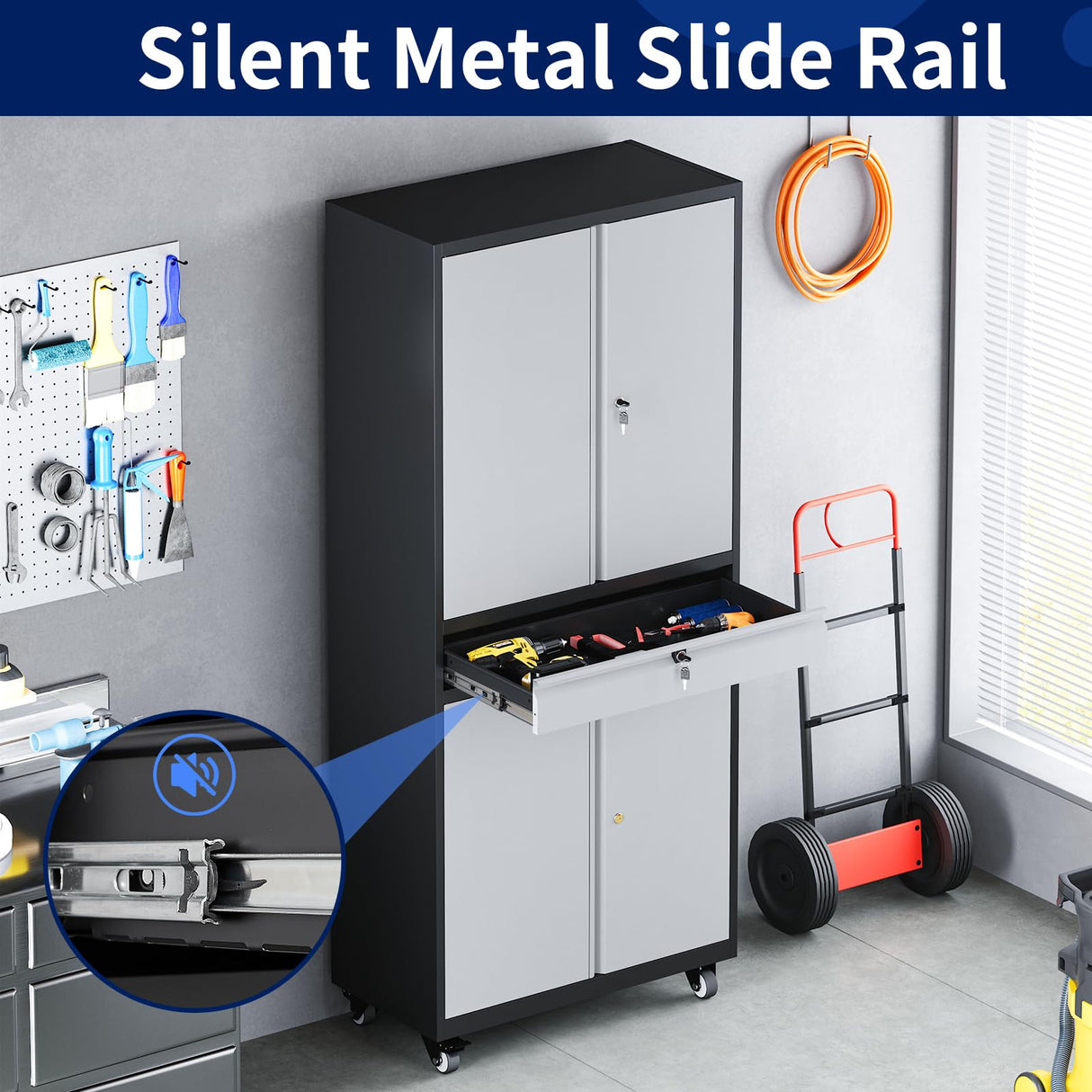 Yizosh Metal Garage Storage Cabinet with Locking Doors and Adjustable Shelves, Rolling Tool Storage Cabinet with 4 Wheels and 1 Drawer - 73" Steel Yizosh