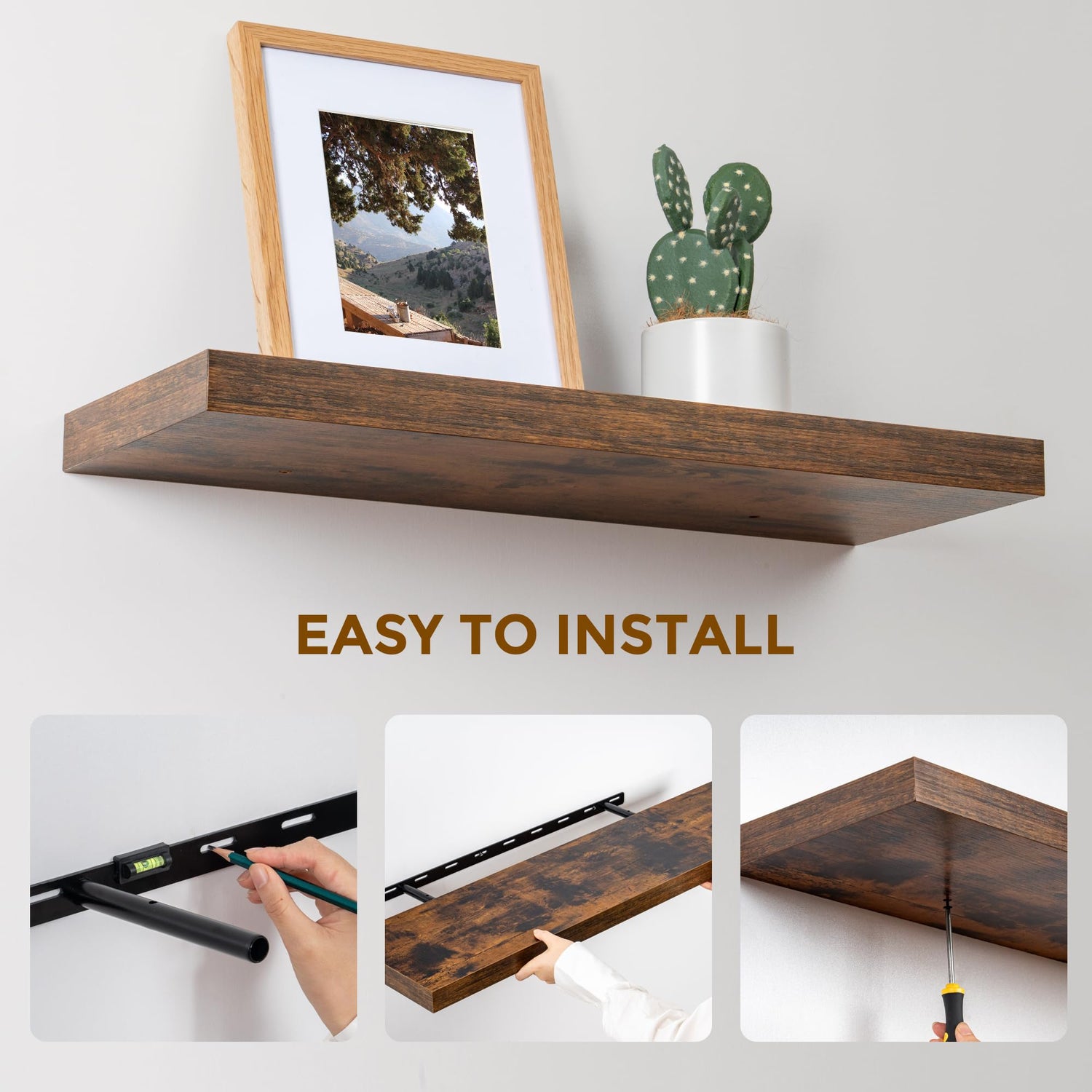 Floating Shelves for Wall, Large Floating Shelf 24" x 9", Rustic Brown Wooden Wall Shelves for Home Decor & Storage, Hanging Bathroom Shelves, Fun Memories