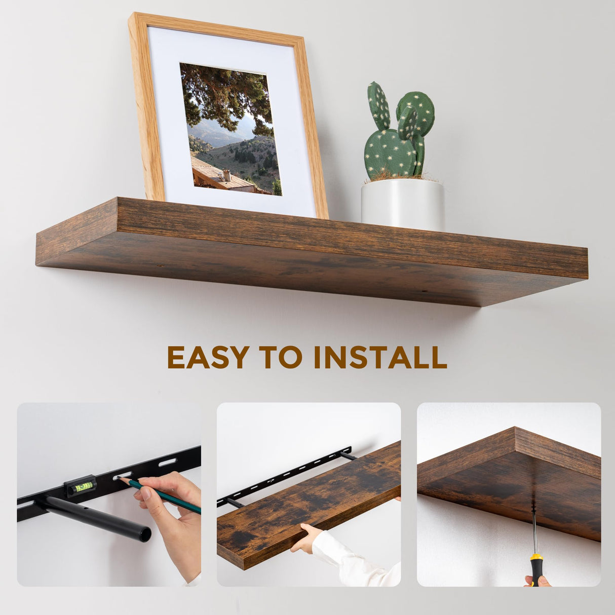 Floating Shelves for Wall, Large Floating Shelf 24" x 9", Rustic Brown Wooden Wall Shelves for Home Decor & Storage, Hanging Bathroom Shelves, Fun Memories