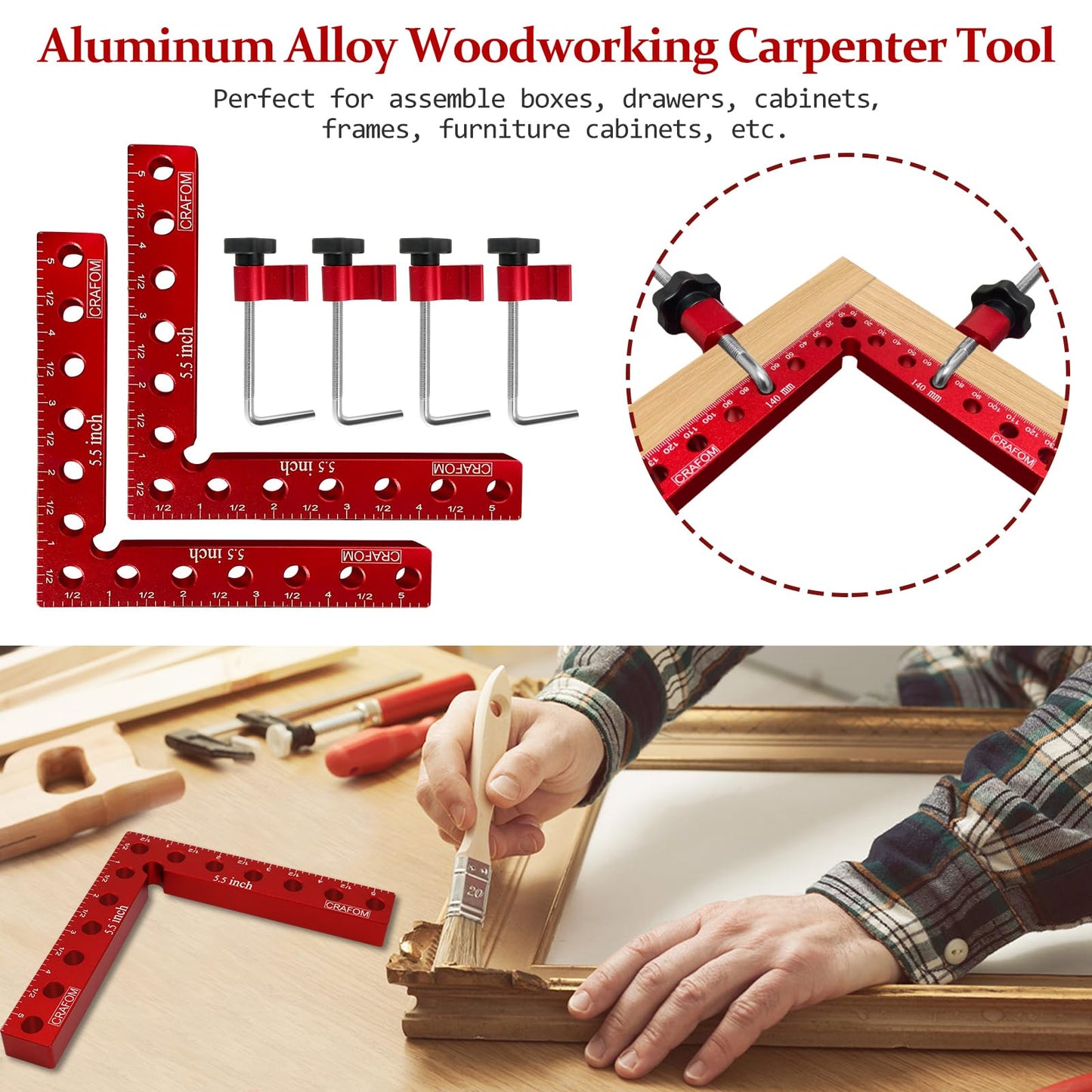 CRAFOM 90 Degree Corner Clamping Squares, Positioning Squares Set of 4 (3" 5.5"), wood working tools, Aluminum Alloy Right Angle clamp,Corner Clamps - WoodArtSupply