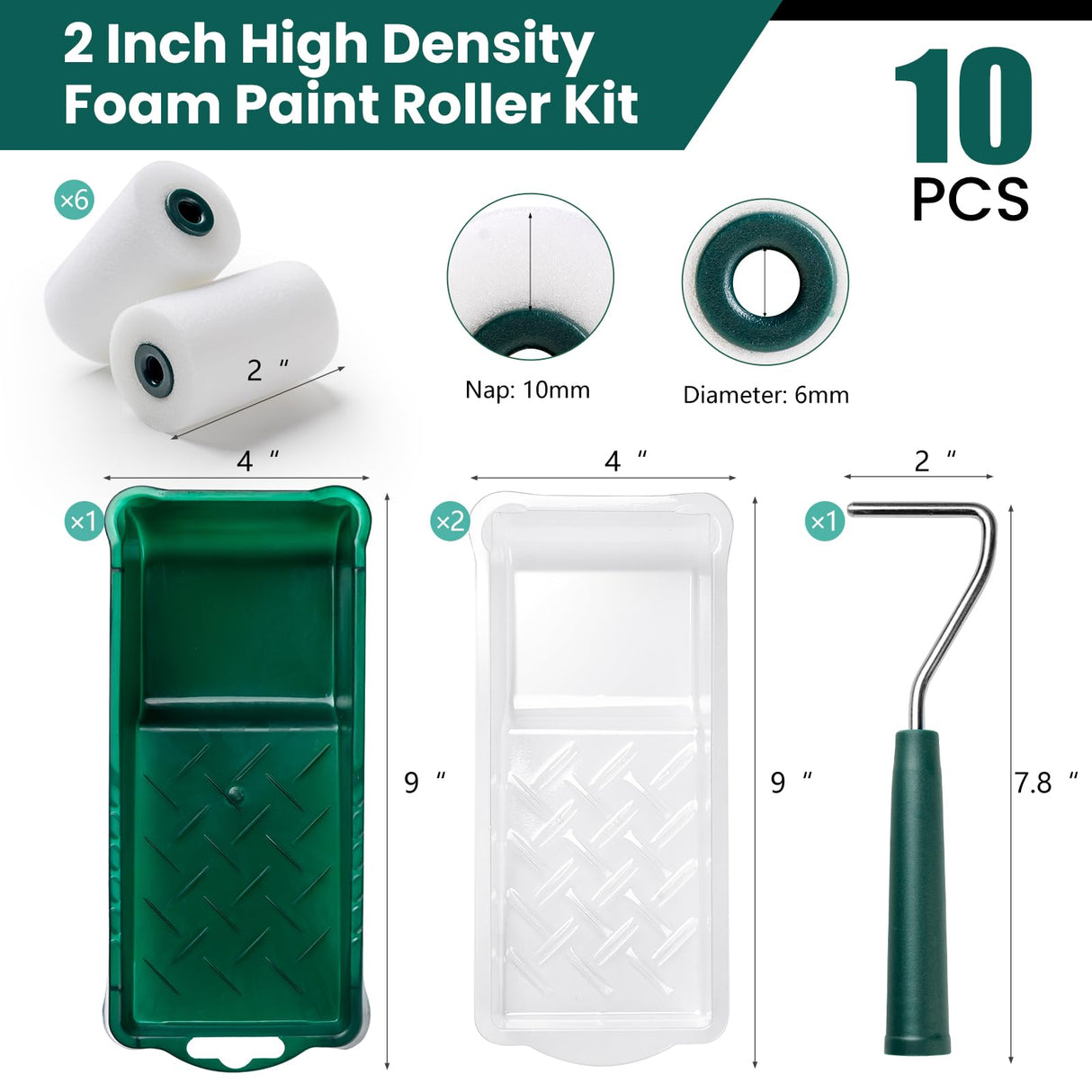 CoatPro Twools Foam Paint Roller, 2 Inch 10 Pack Small Paint Roller Kit with High-Density Foam Paint Roller, Paint Tray, Paint Tray Liner, Roller CoatPro Twools