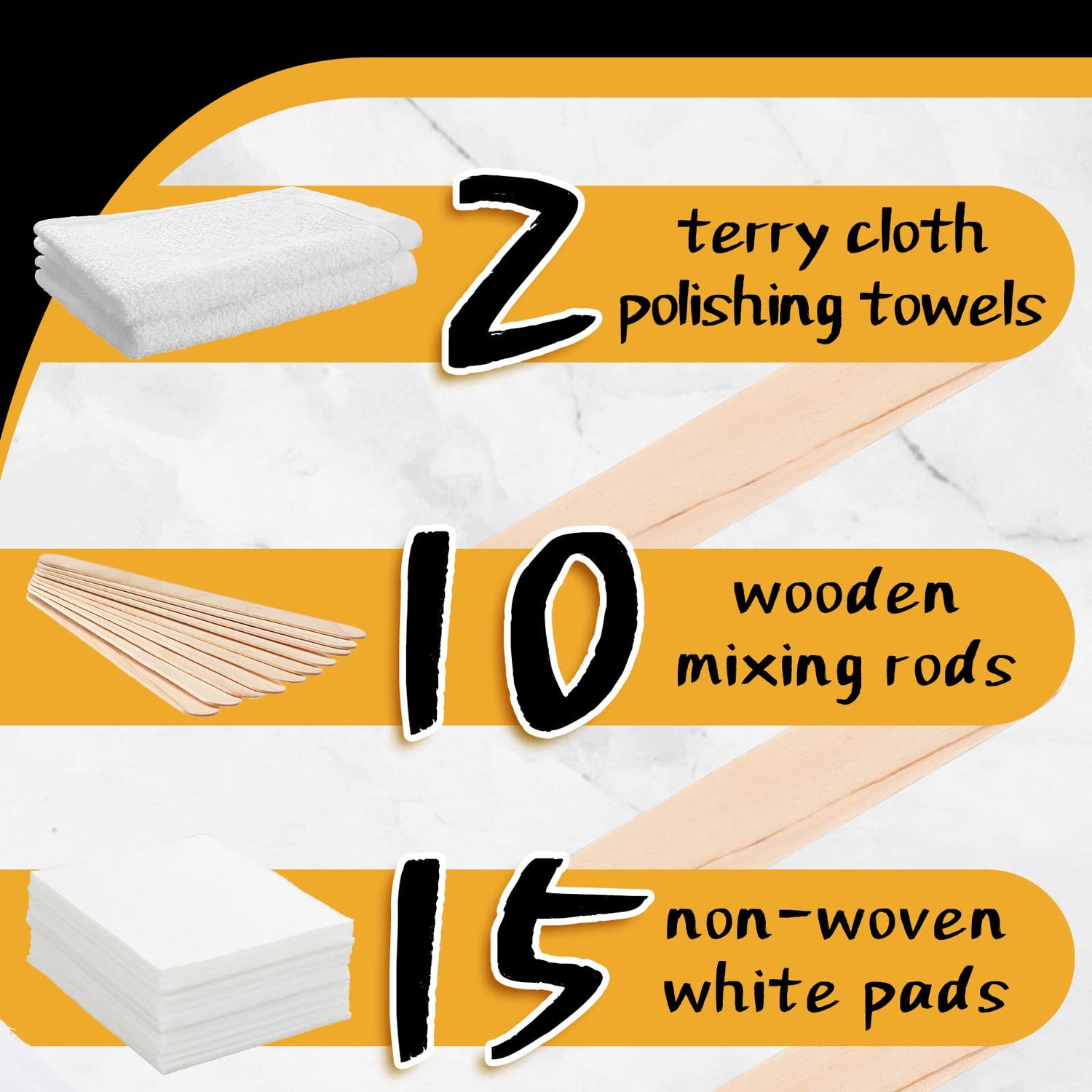 27 Pieces Wood Wax Applicator, Includes 15 White Non-Woven Pads 2 Terry Cloth Buffing Towels and 10 Stirring Sticks for Polishing Cutting Board and Oudain