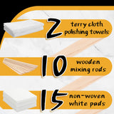 27 Pieces Wood Wax Applicator, Includes 15 White Non-Woven Pads 2 Terry Cloth Buffing Towels and 10 Stirring Sticks for Polishing Cutting Board and Oudain