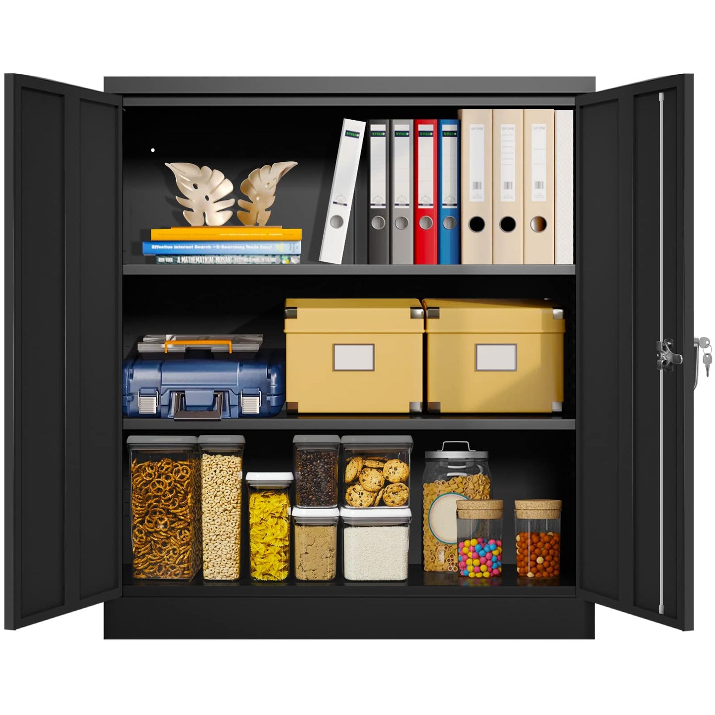 Greenvelly Metal Storage Cabinet, 42”Locking Storage Cabinet with Doors and Shelves, Black Lockable Storage Cabinets for Office, Utility Locker