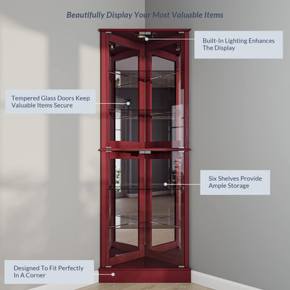 BELLEZE Lighted Corner Display Curio Cabinet Wooden Shelving Unit with Tempered Glass Door, Bar and Liquor Storage Area with 6 Shelves - Woody - WoodArtSupply