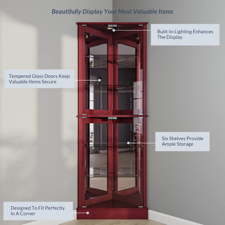 BELLEZE Lighted Corner Display Curio Cabinet Wooden Shelving Unit with Tempered Glass Door, Bar and Liquor Storage Area with 6 Shelves - Woody BELLEZE
