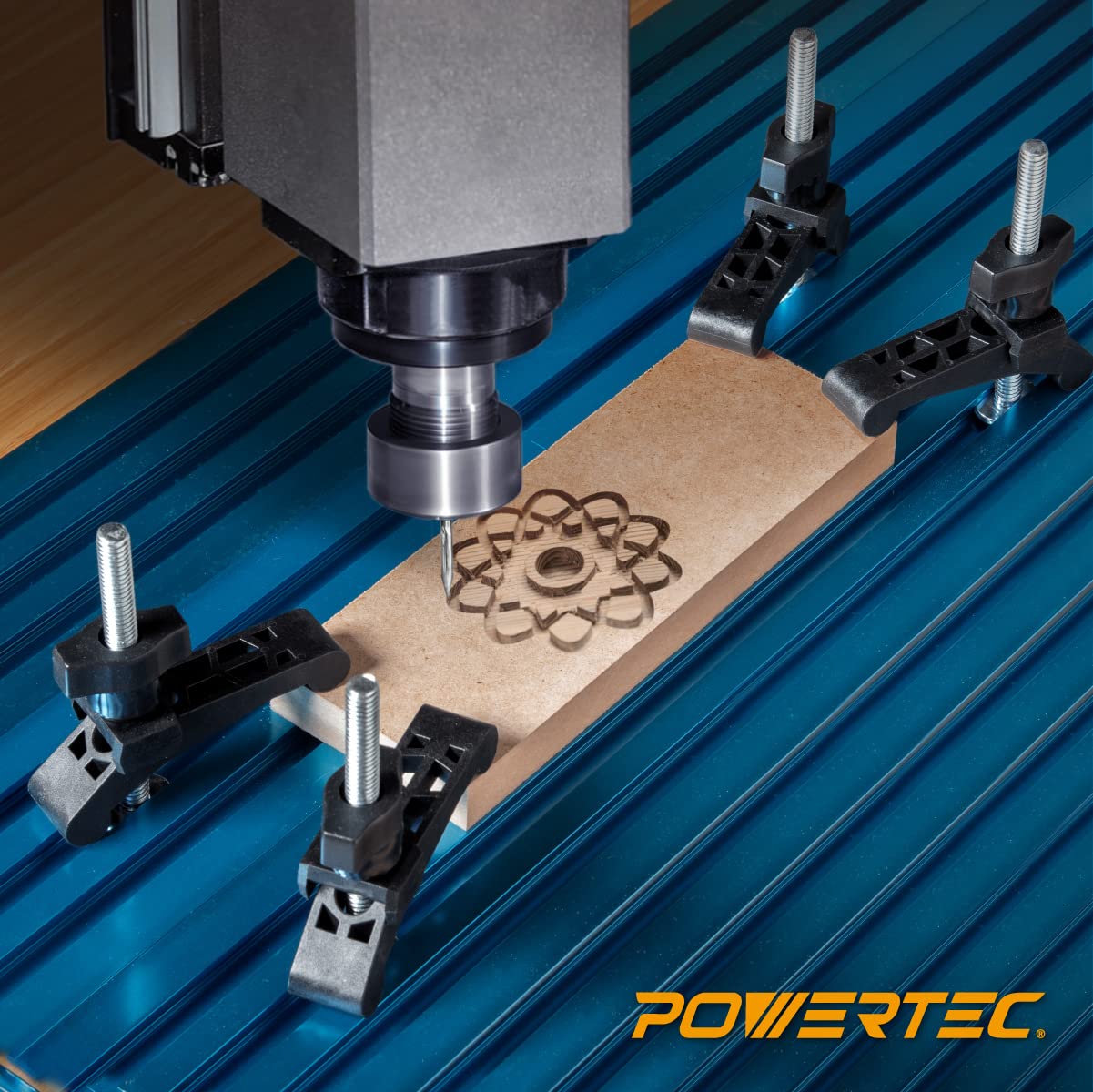 POWERTEC 71661-P2 Mini T Track Hold Down Clamps Woodworking Series, 3-3/4” x ¾ Reinforced Plastic Clamps with Steel T-Bolts, 4 PK POWERTEC