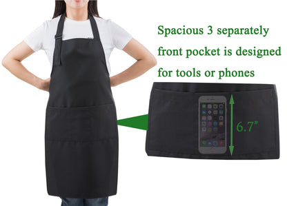 SEW UR LIFE Black Professional Resist Water Adjustable Extra Long Bib Apron 3 Pockets Home Kitchen Garden Restaurant Cafe Bar Pub Bakery for Cooking - WoodArtSupply