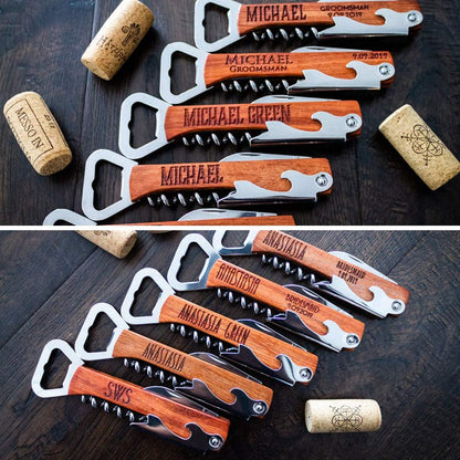 Personalized Wood Bottle Opener Wine Corkscrew, Groomsmen Corkscrew Wedding Party Gifts Engraved Wine Opener Father Day's Gift (Wooden) - WoodArtSupply