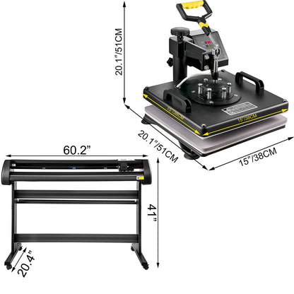 VEVOR Heat Press Machine 15x15 inch 6 in 1 T-Shirt Heat Press and Vinyl Cutter 53 inch Plotter Machine 1350mm PC Only Paper Feed Vinyl Cutter Plotter