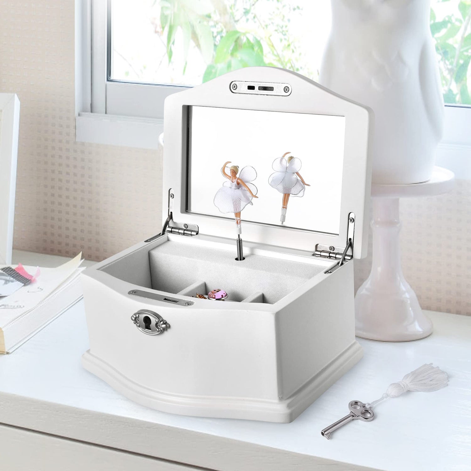 Jozen Gift Wooden Ballerina Medium White Musical Jewelry Box with Mirror for girls，Kid's Jewelry Storage Music Box Jozen Gift
