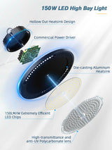 ELEKICO UFO Led High Bay Light Shop Lights 150W 21000Lm 5000K Daylight with Plug, UFO High Bay Lights for Garage Warehouse Workshop Factory Barn ELEKICO