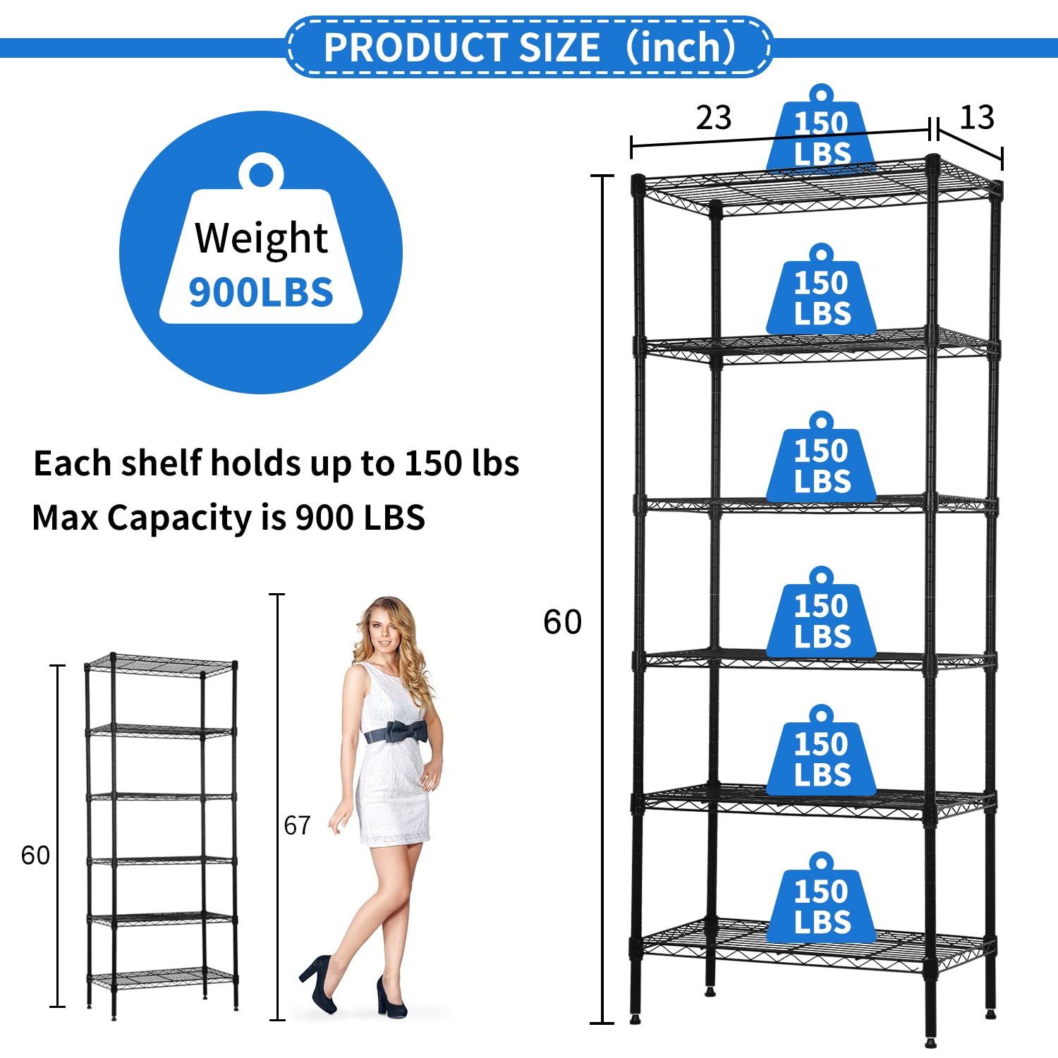 YYkokocat 6-Tier Wire Shelving Unit Detachable Storage Shelves with 8 Adjustable Feet 59" H x 23" x 13" Kitchen Storage Rack Adjustable Metal Shelf YYkokocat