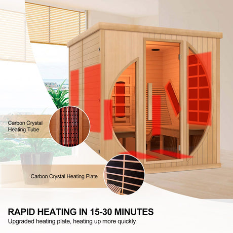 iDOTODO Far Infrared Wooden Sauna Room with Recliner, 2 Person Indoor Infrared Home Sauna, Indoor Saunas for Home 220V， 3400W, 9 Heaters, Hemlock, iDOTODO