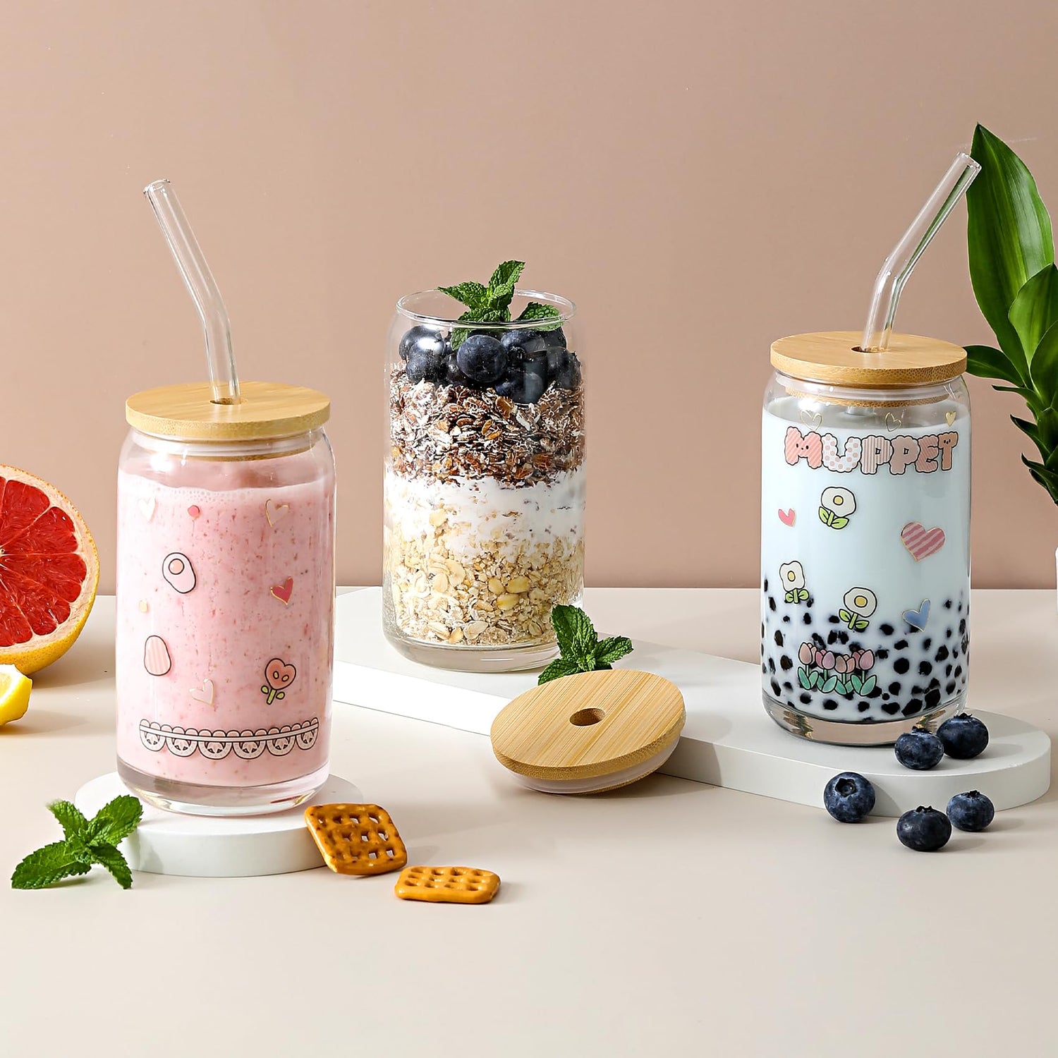 [ 6pcs Set ] Glass Cups with Bamboo Lids and Glass Straw - Beer Can Shaped, 16 oz Iced Coffee Drinking Glasses, Cute Tumbler Cup for Smoothie, Boba VITEVER