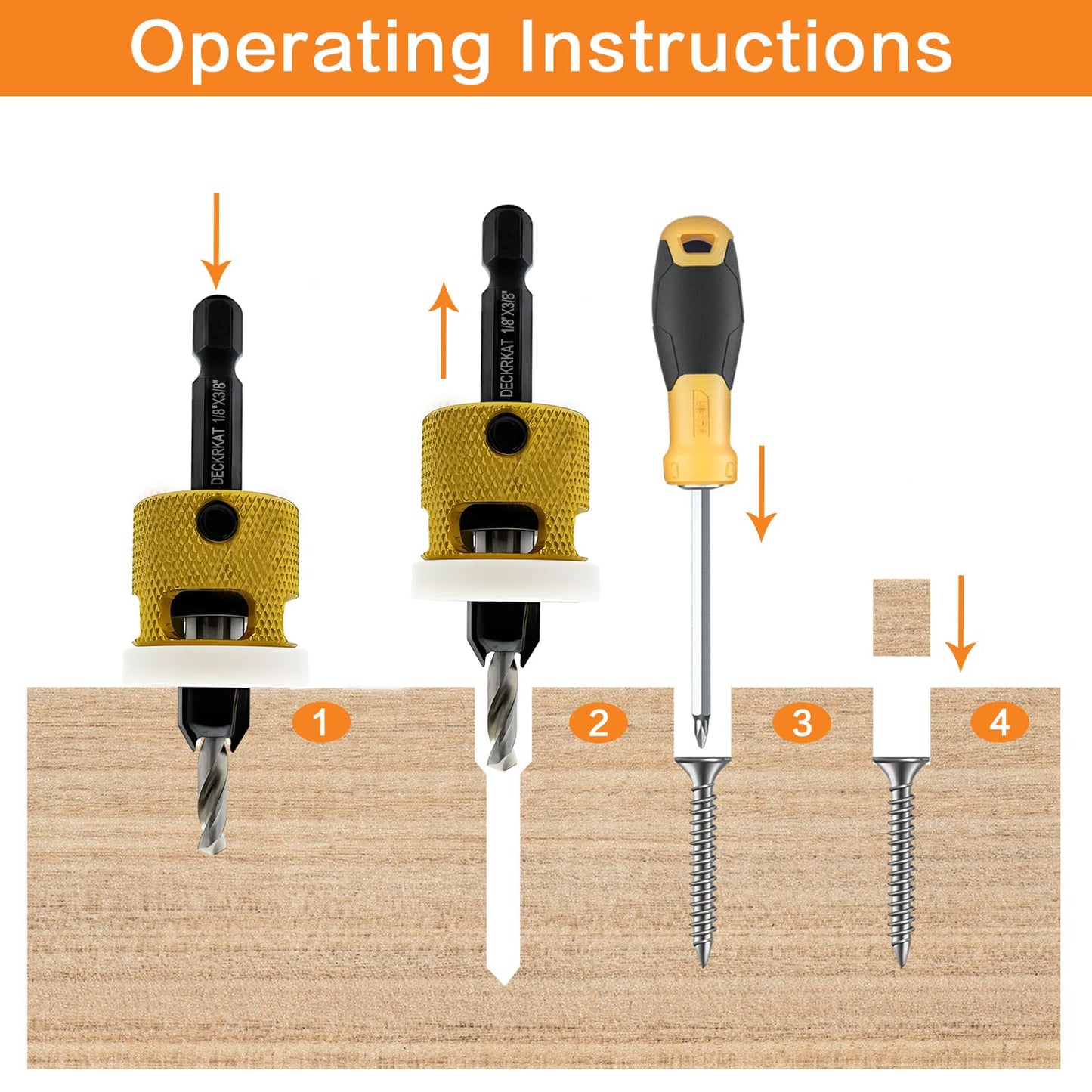 Hex Shank Countersink Drill Bit Set 3Pc #10#12#14 Woodworking Countersink Drill Bits with Adjustable Bit Depth Stop, HSS M2 Drill Bits in Size 1/8" - WoodArtSupply