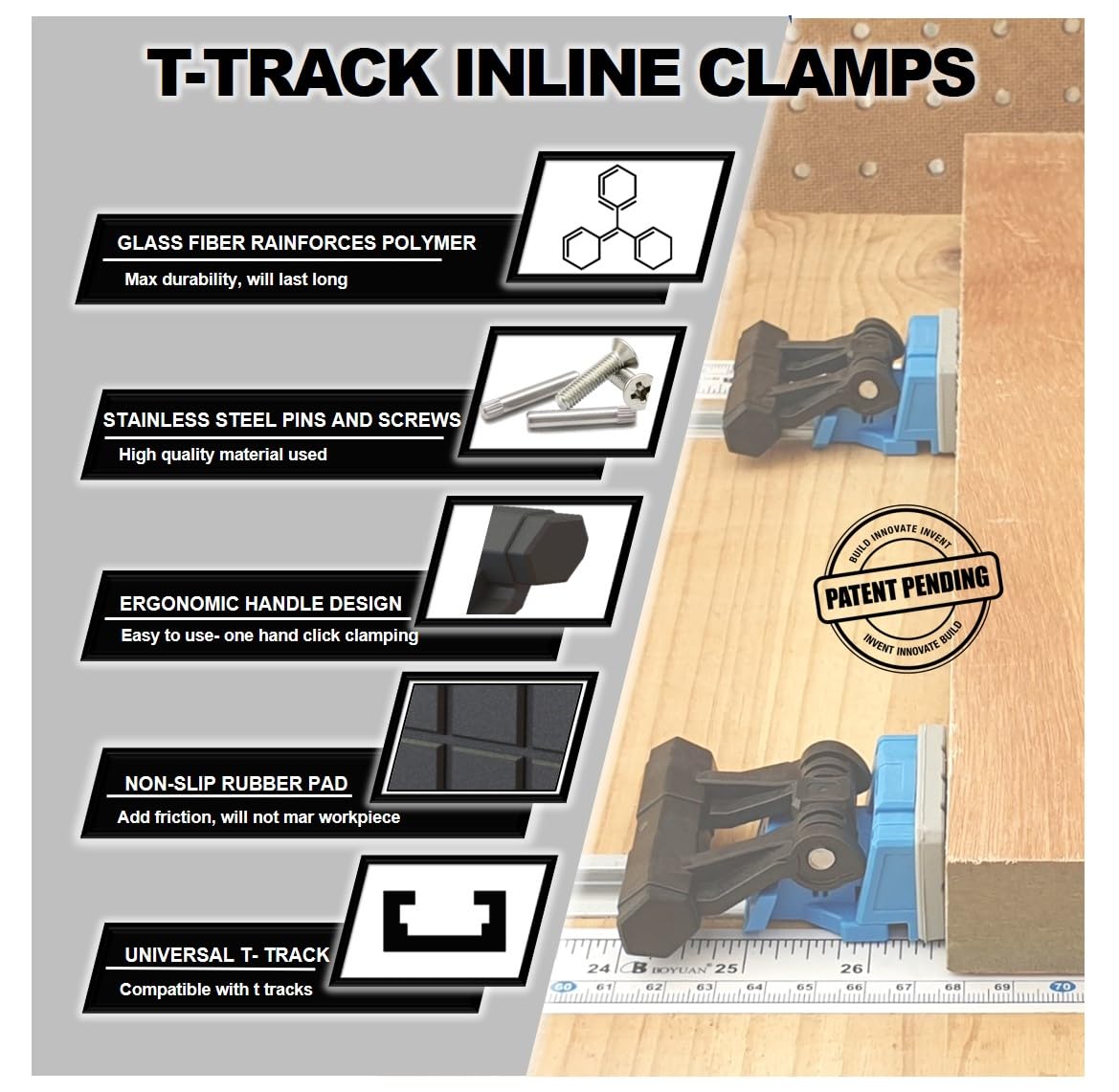 T-Track Clamps for woodworking, T Track accessories, for T-Track Profile (3/4’’ * 3/8’’) | Stop Blocks | Inline Auto Adjust Quick Release Woodworking Trigon-Tools