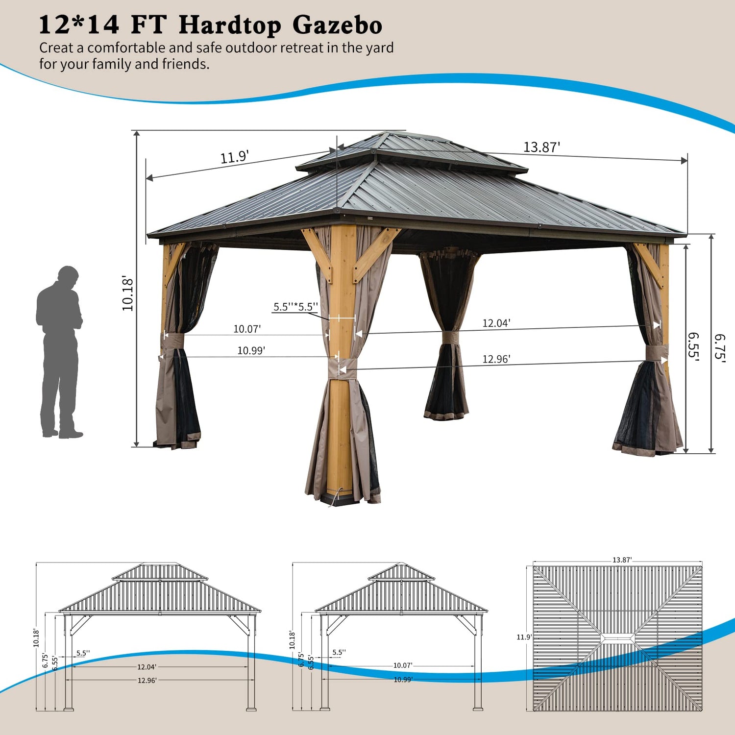 Domi Hardtop Gazebo 12’x14’ Cedar Frame Wood Gazebo with Galvanized Steel Double Roof, Outdoor Permanent Metal Gazebo with Curtains and Netting for domi outdoor living
