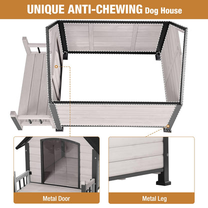 Dog House with Anti-Bite Metal Iron Frame Outdoor Wooden Dog Kennel Indoor Puppy Shelter for Small Medium Large Dogs Weatherproof(Off-White) - WoodArtSupply