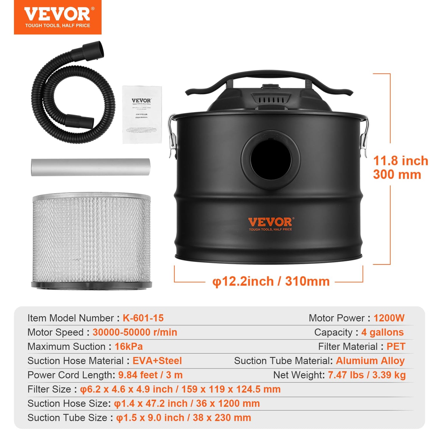 VEVOR Vacuum Cleaner 4 Gallon with 1200W Powerful Suction, Ash Vac Collector with 47.2 in Flexible Hose, for Fireplaces, Pellet, Wood Stove, Log VEVOR