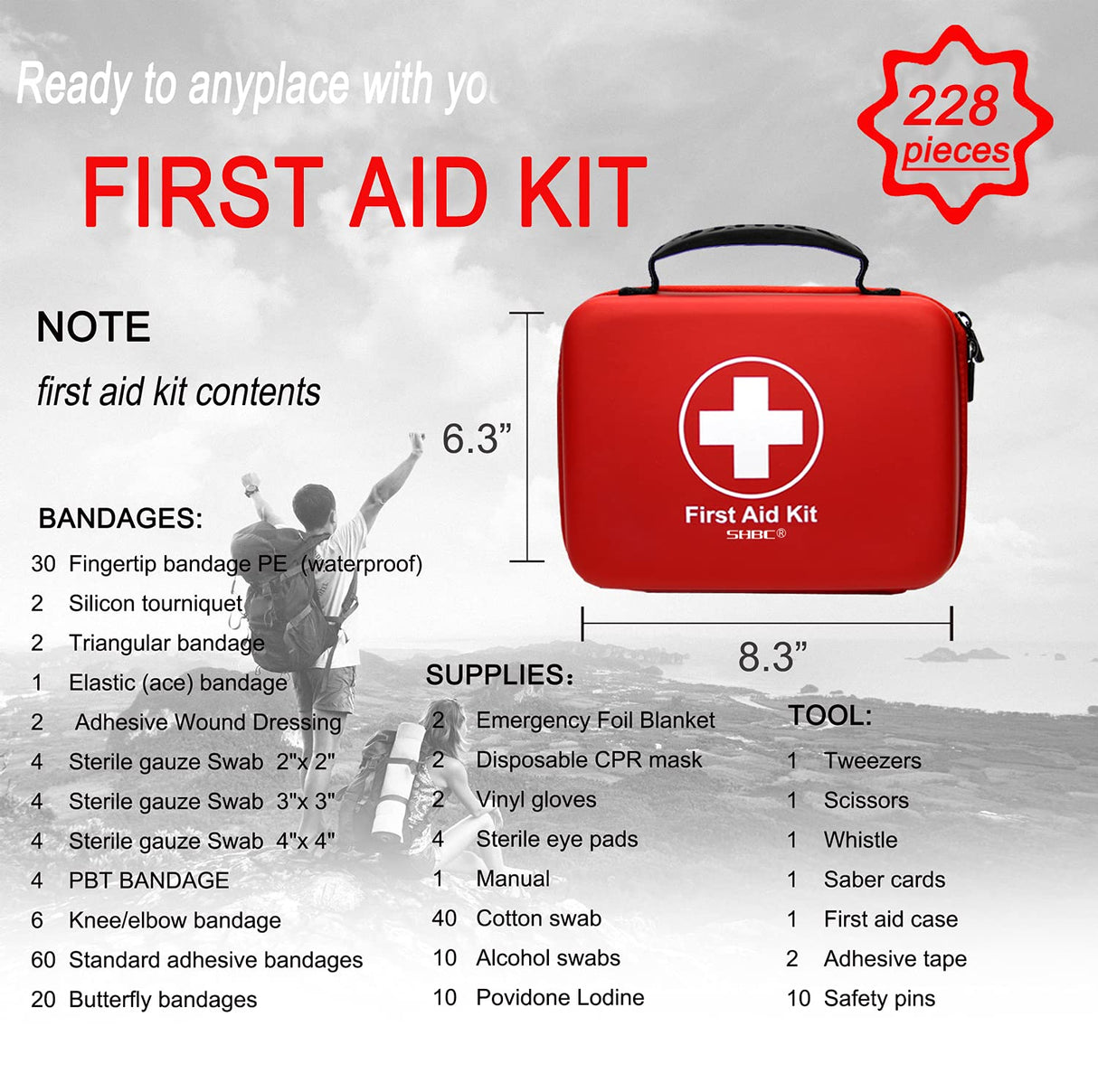 Compact First Aid Kit (228pcs) Designed for Family Emergency Care. Waterproof EVA Case and Bag is Ideal for The Car, Home, Boat, School, Camping, SHBC