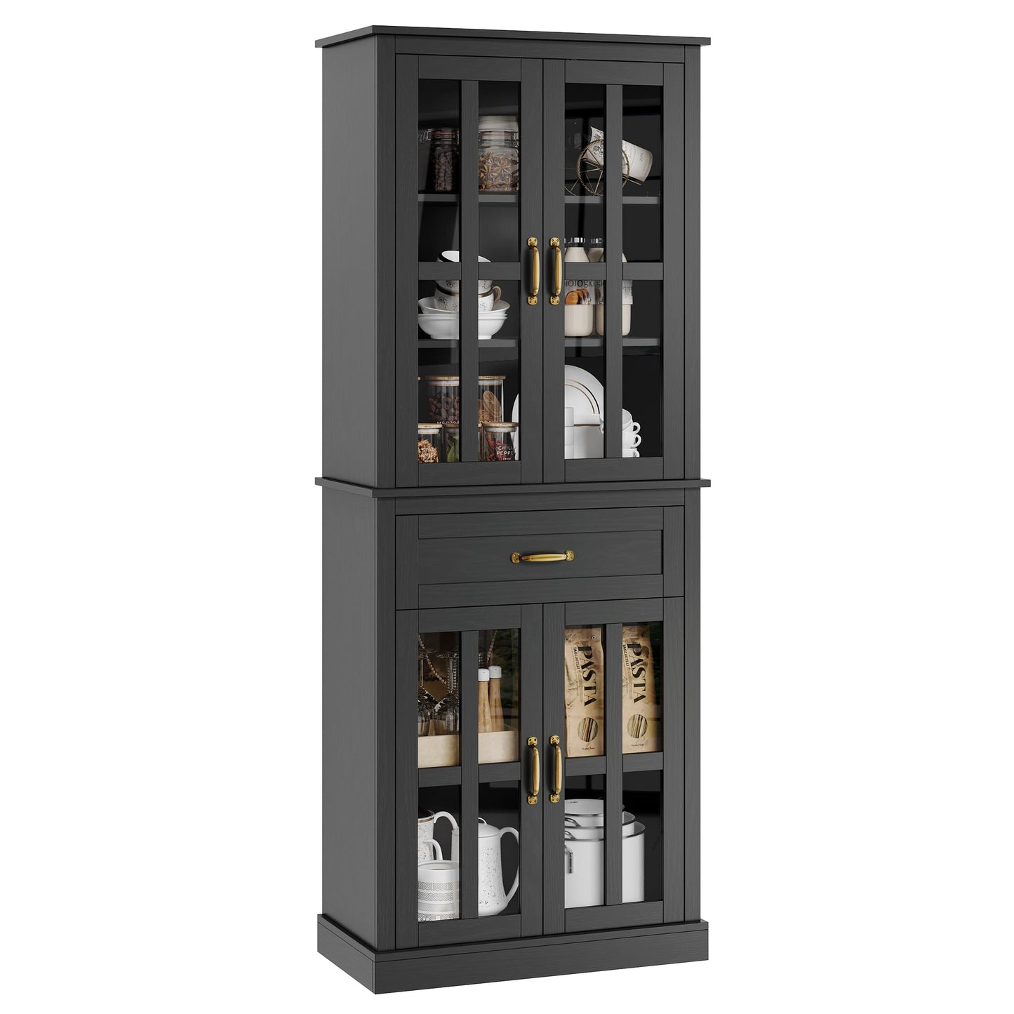 FOTOSOK 71'' Kitchen Pantry Cabinet, Tall Kitchen Cabinet Pantry Cabinet with Glass Doors and Drawer, Freestanding Food Pantry Kitchen Hunch with