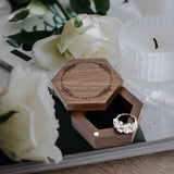 Yoption Wooden Ring Box, Handcrafted Walnut Wood Engraved Hexagon Ring Holder, Mr and Mrs Ring Box for Wedding Ceremony Anniversary Proposal Bearer Yoption