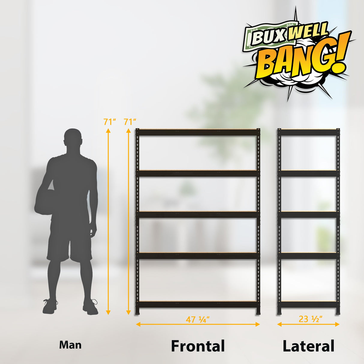 BuxWellBang 48" W x 24" D x 72" H Adjustable Garage Storage Shelves - 5-Shelf Heavy Duty Shelving Unit, Metal Utility Storage Organizer Racks for BuxWellBang