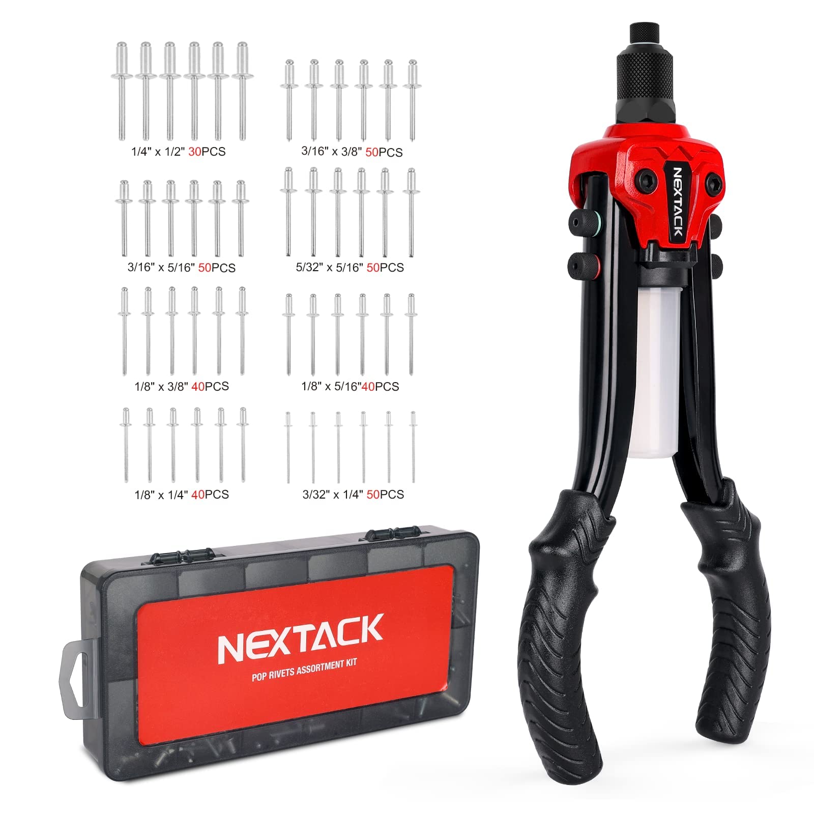 NEXTACK Rivet Gun Kit, 1/4 Pop Rivet Gun with 350 Assorted Rivets, 13" Full Metal Heavy Duty Riveter Tool Setter with 5 Interchangeable Nosepieces - WoodArtSupply