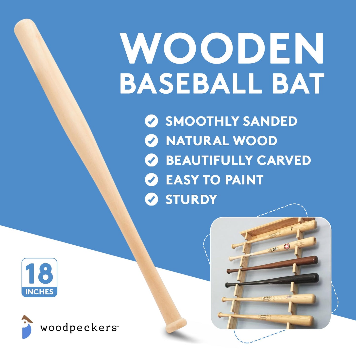 Wood Baseball bat 18 Inch Pack of 2 Unfinished Mini Wood Baseball Bat, Small Bat, Party Decor, Bedroom, Crafts, by Woodpeckers
