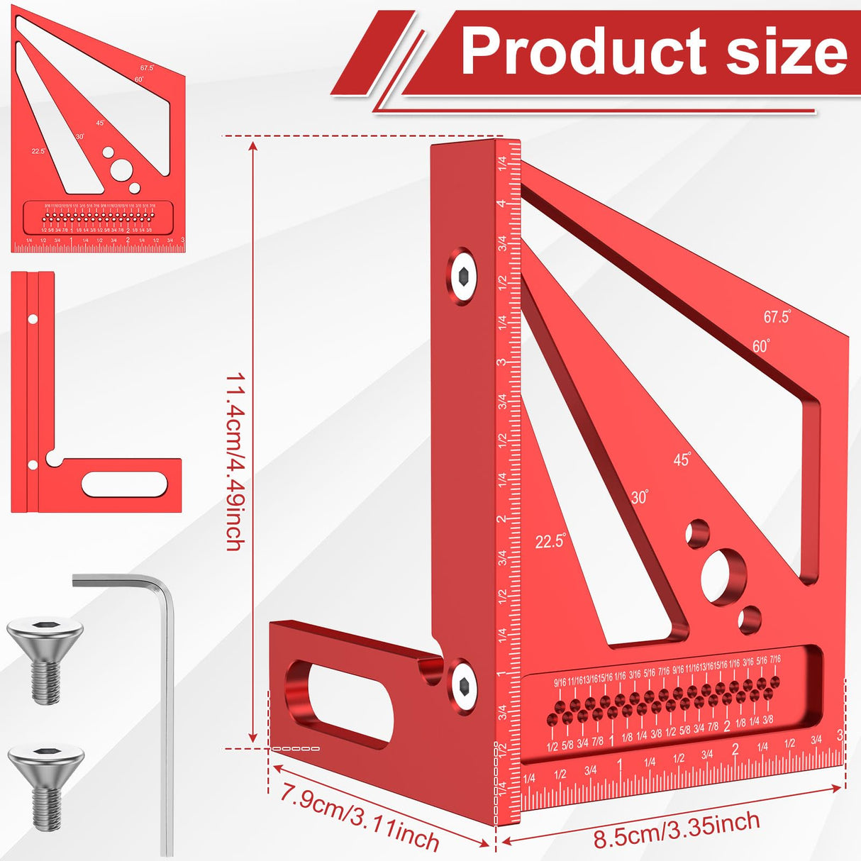 3D Multi-Angle Measuring Ruler, Aluminum Alloy Imperial Woodworking Square Ruler, Precise 22.5°- 90° Drawing Liner Scriber, with Wrench, for Janoiuc